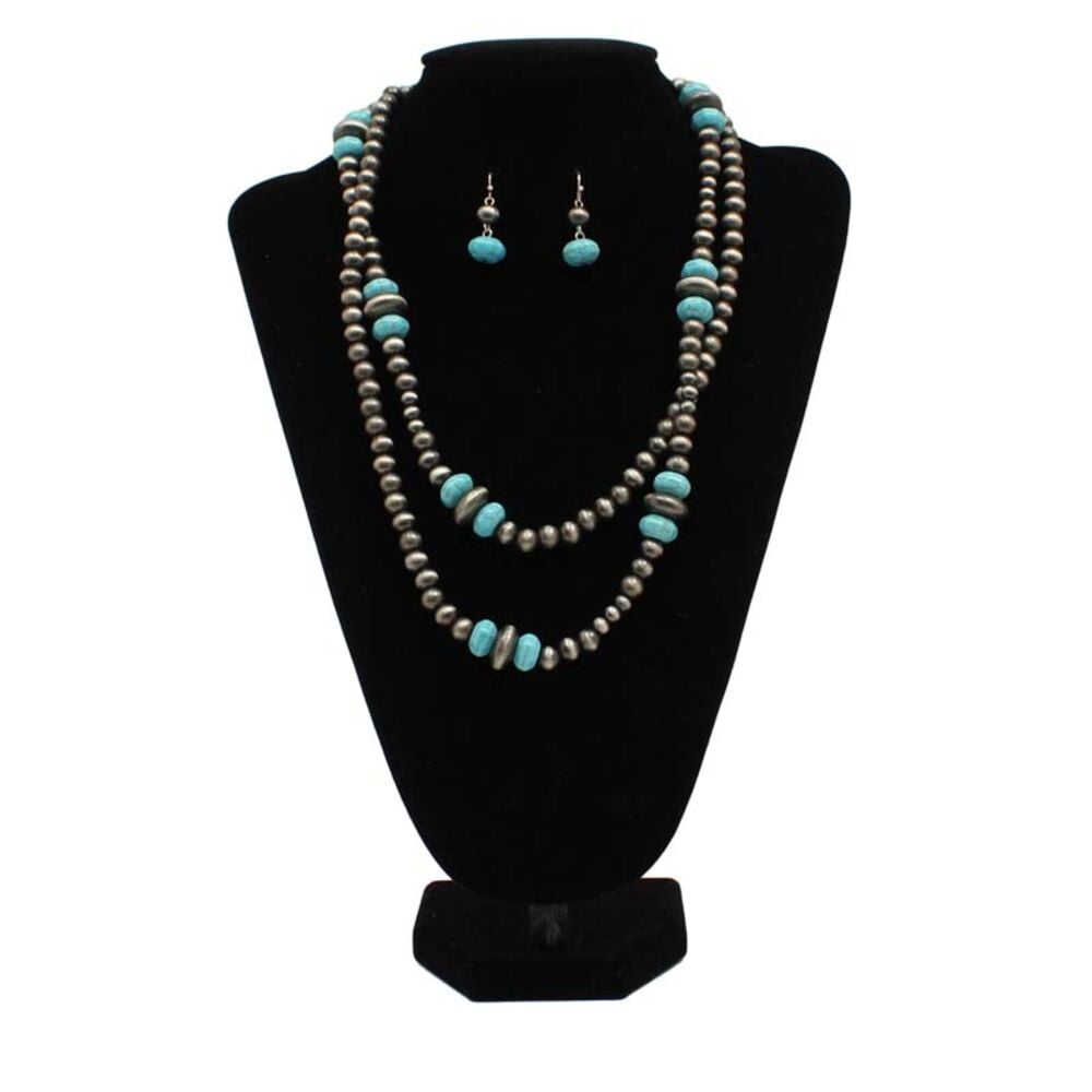 image of Double Strand Turquoise Stone Silver Jewelry Set