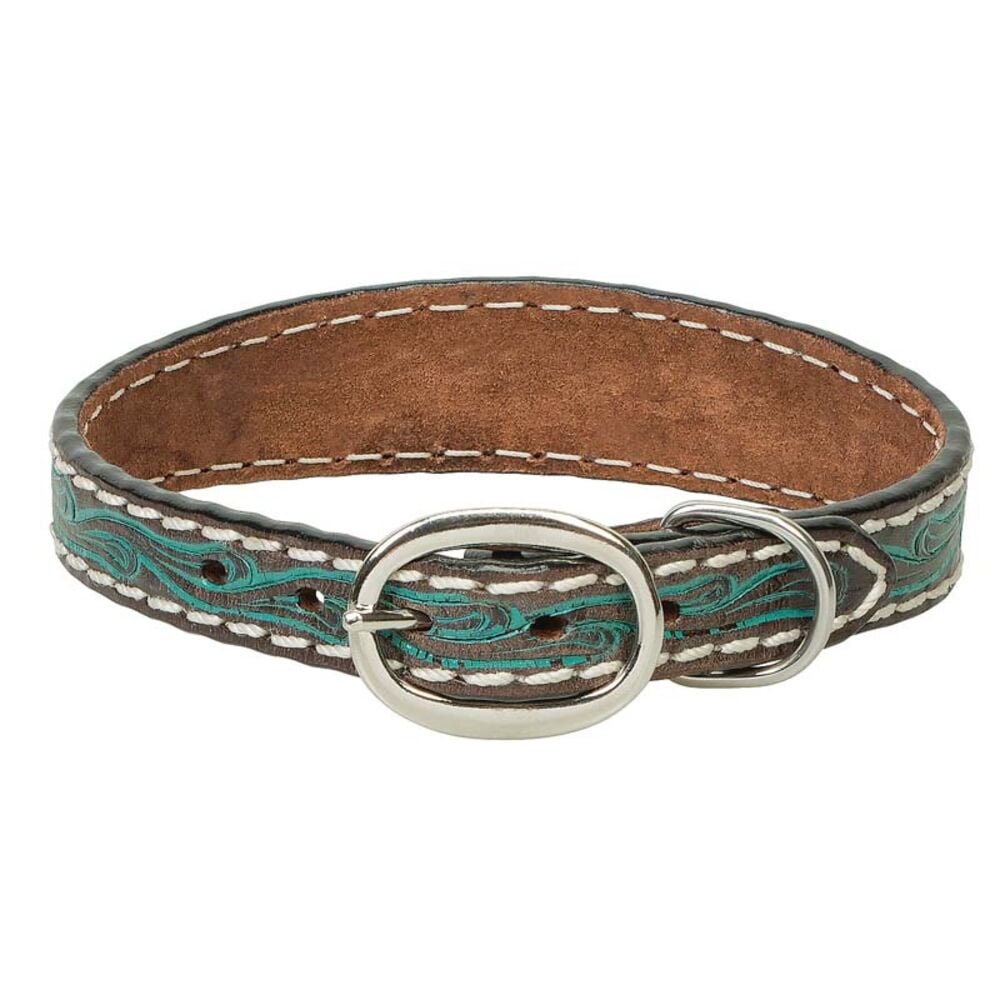 image of Carved Turquoise Flower Dog Collar, 3/4-inch x 15-inch