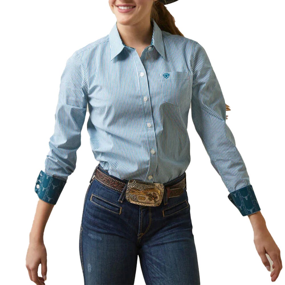 image of Women's Wrinkle Resist Kirby Stretch Shirt- Crystal Teal Stripe