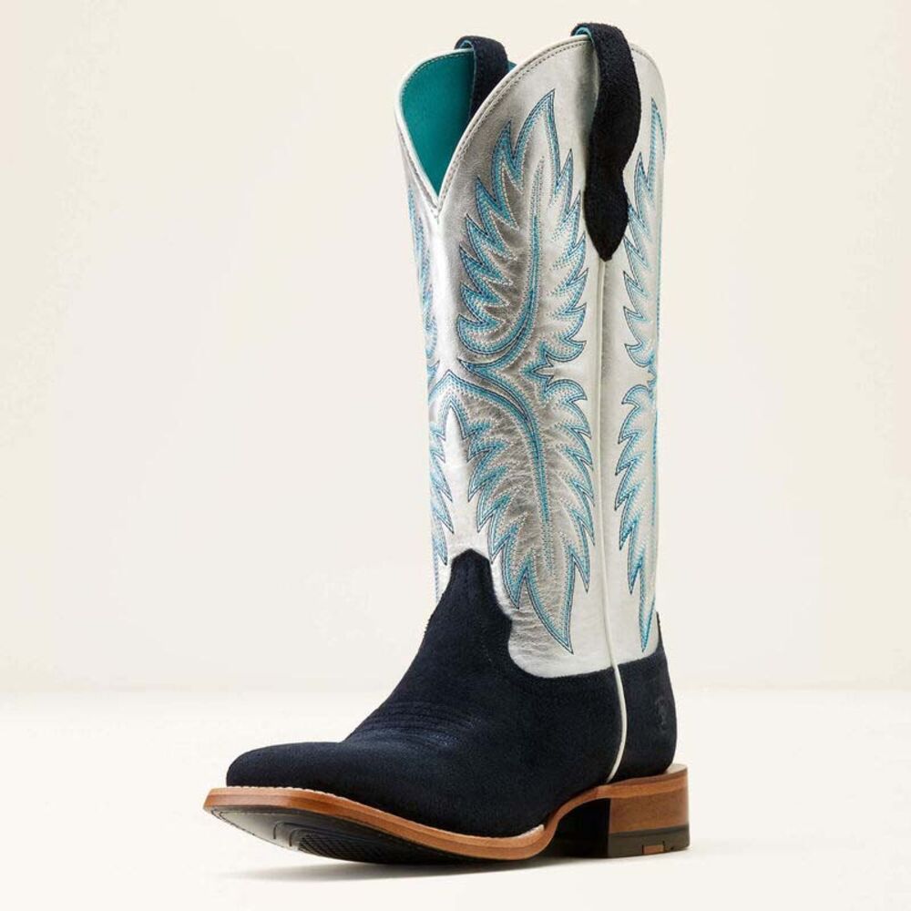image of Women's Frontier Calamity Jane Western Boot, Polo Blue Roughout/Electric Silver