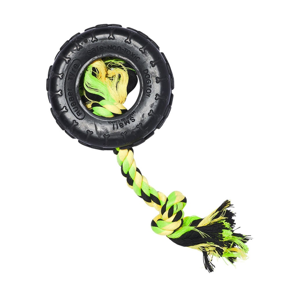 image of Tire With Rope Dog Toy, 9 in