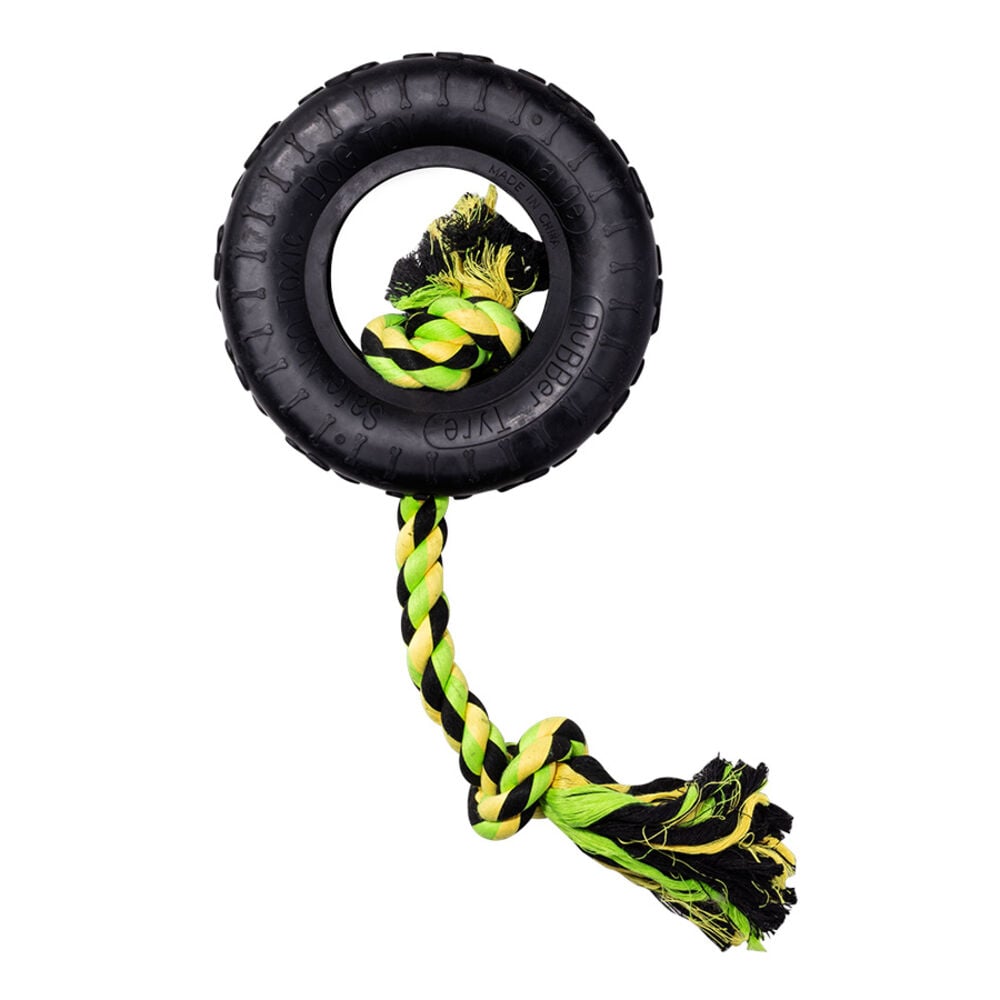 image of Tire With Rope Dog Toy, 14 in