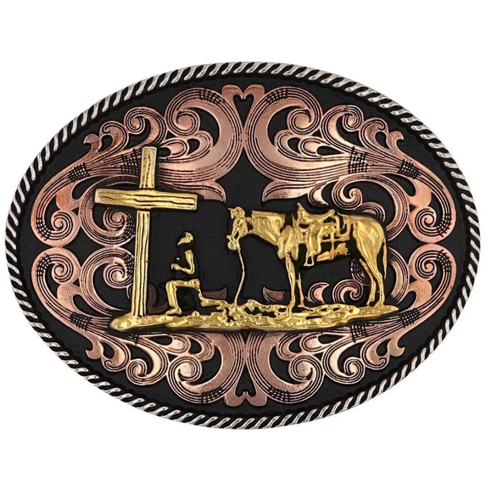 image of Men's Belt Buckle- Tri-tone Christian Cowboy