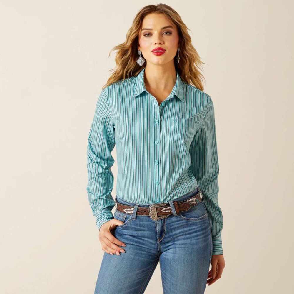 image of Women's Kirby Pro Team Long Sleeve Button Down Shirt, Aqua Stripe