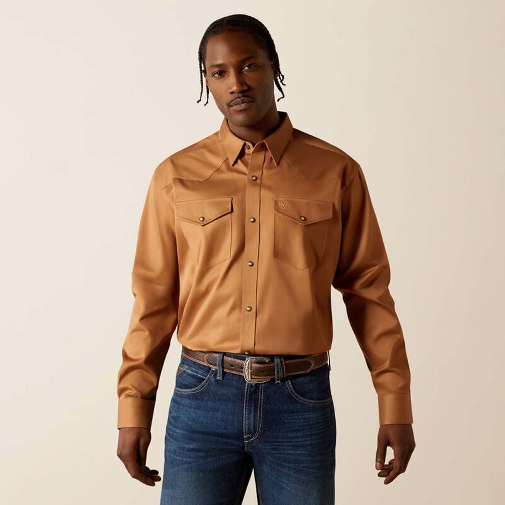 image of Men's Solid Twill Classic Fit Long Sleeve Snap Button Shirt, Tan