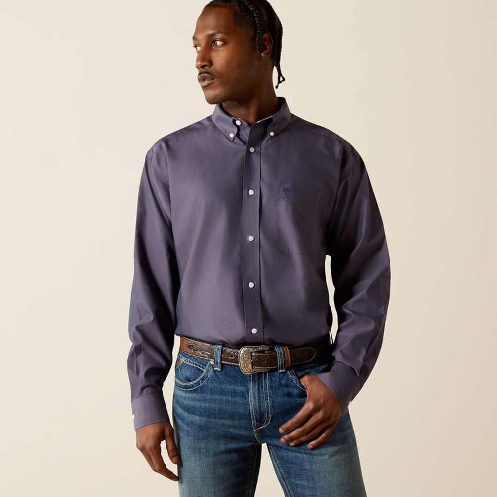image of Men's Wrinkle Free Solid Pinpoint Oxford Classic Fit Long Sleeve Button Down Shirt, Navy