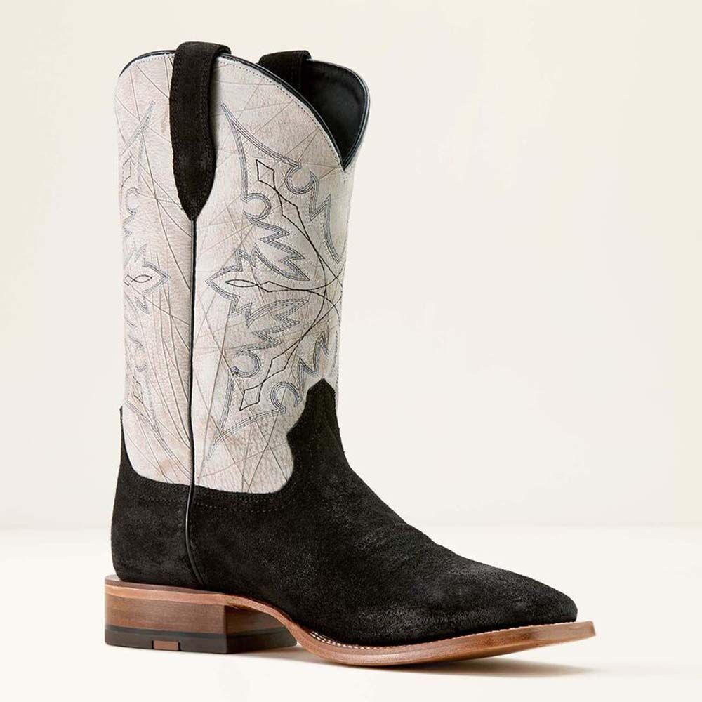 image of Men's Circuit Gritty Wide Square Toe Cowboy Boot, Black Roughout/ Shredded White