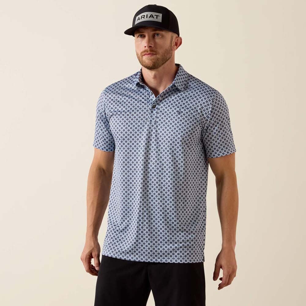 image of Men's All Over Print Fitted Polo, White Medallion Print