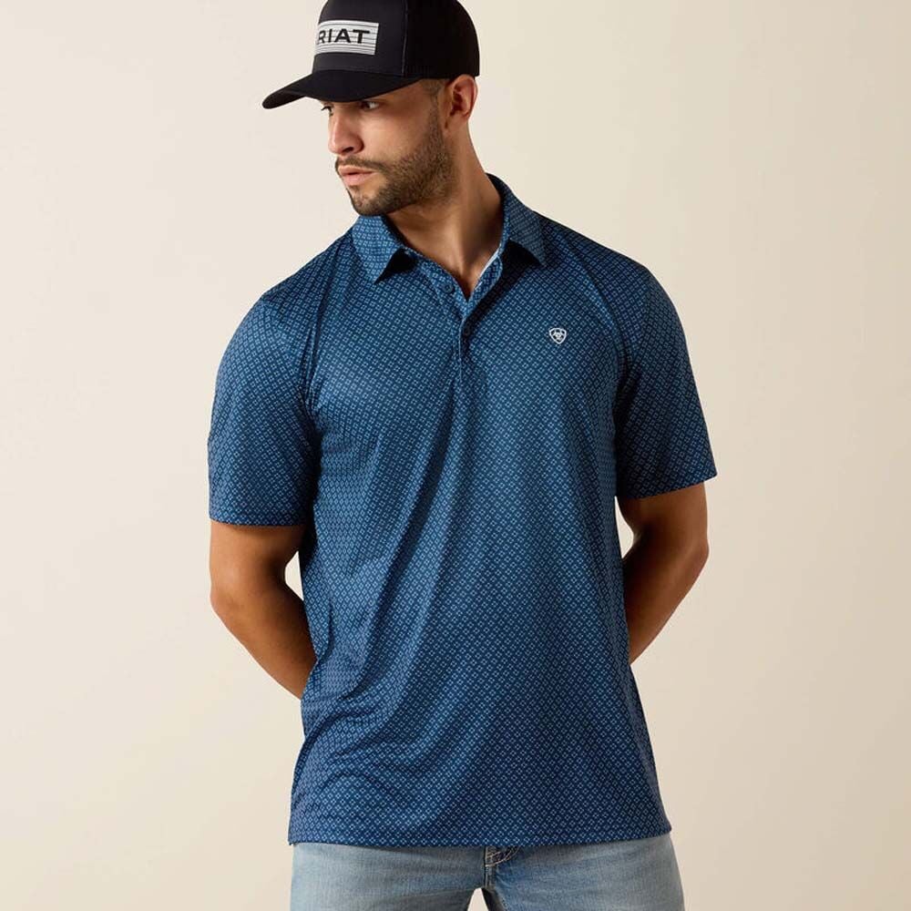 image of Men's All Over Print Classic Fit Polo, Dark Denim Medallion Print