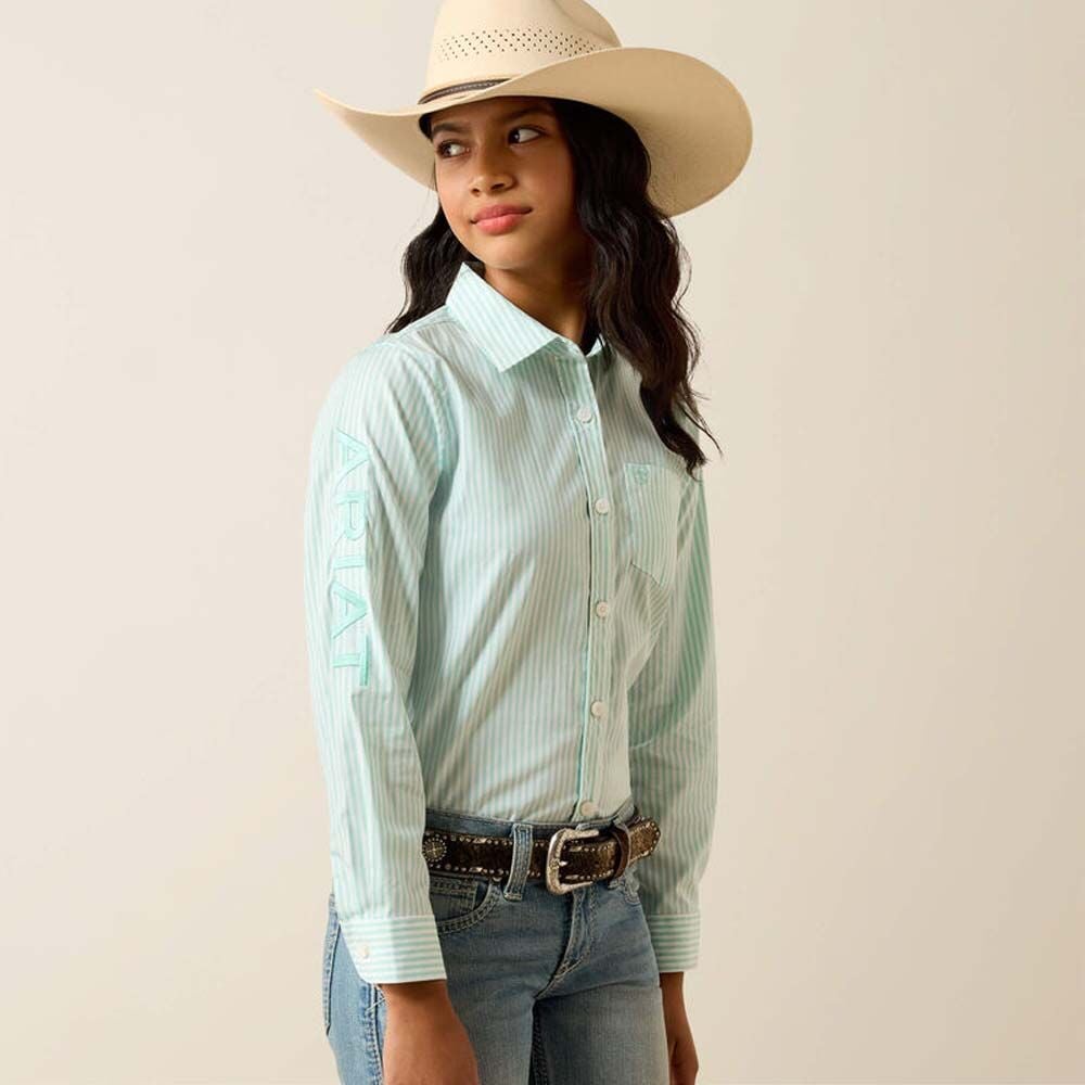 image of Girls' Button Down Long Sleeve Kirby Shirt, Holiday Stripe