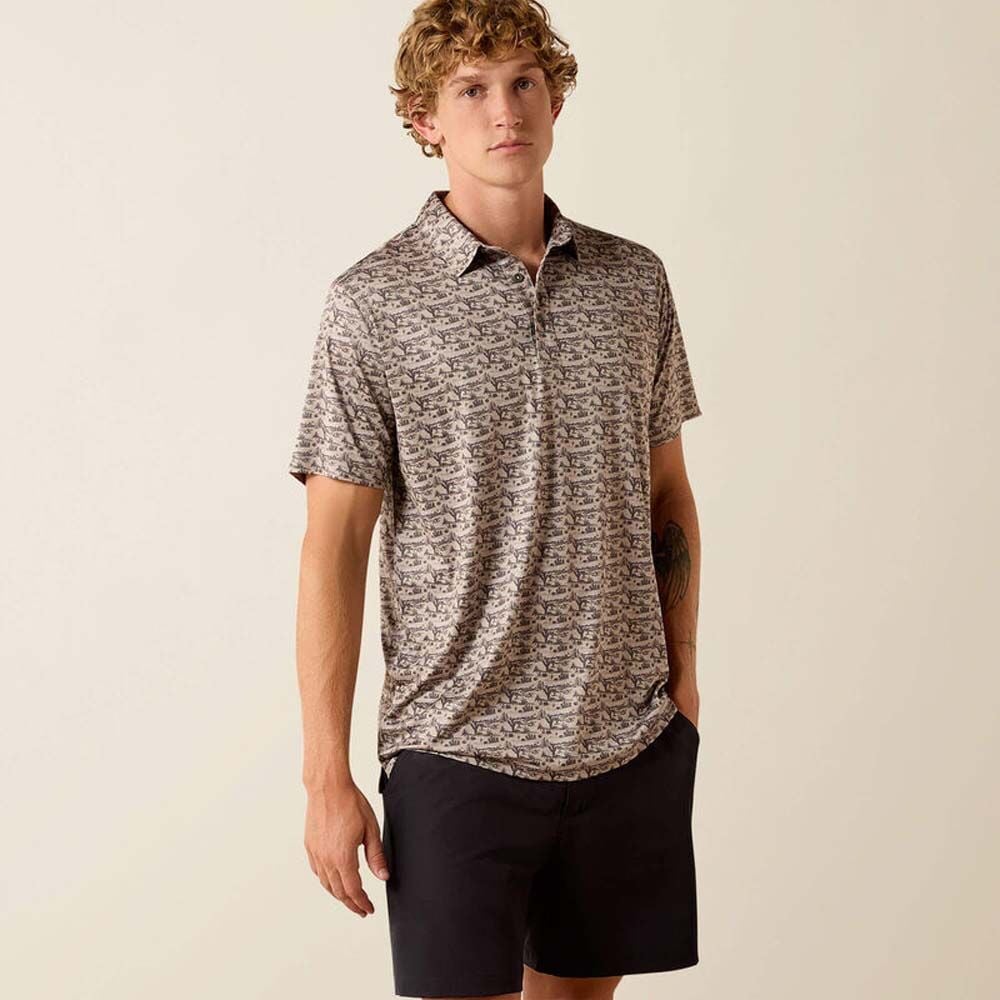 image of Men's All Over Print Heathered Fitted Polo, Off White Desert Print