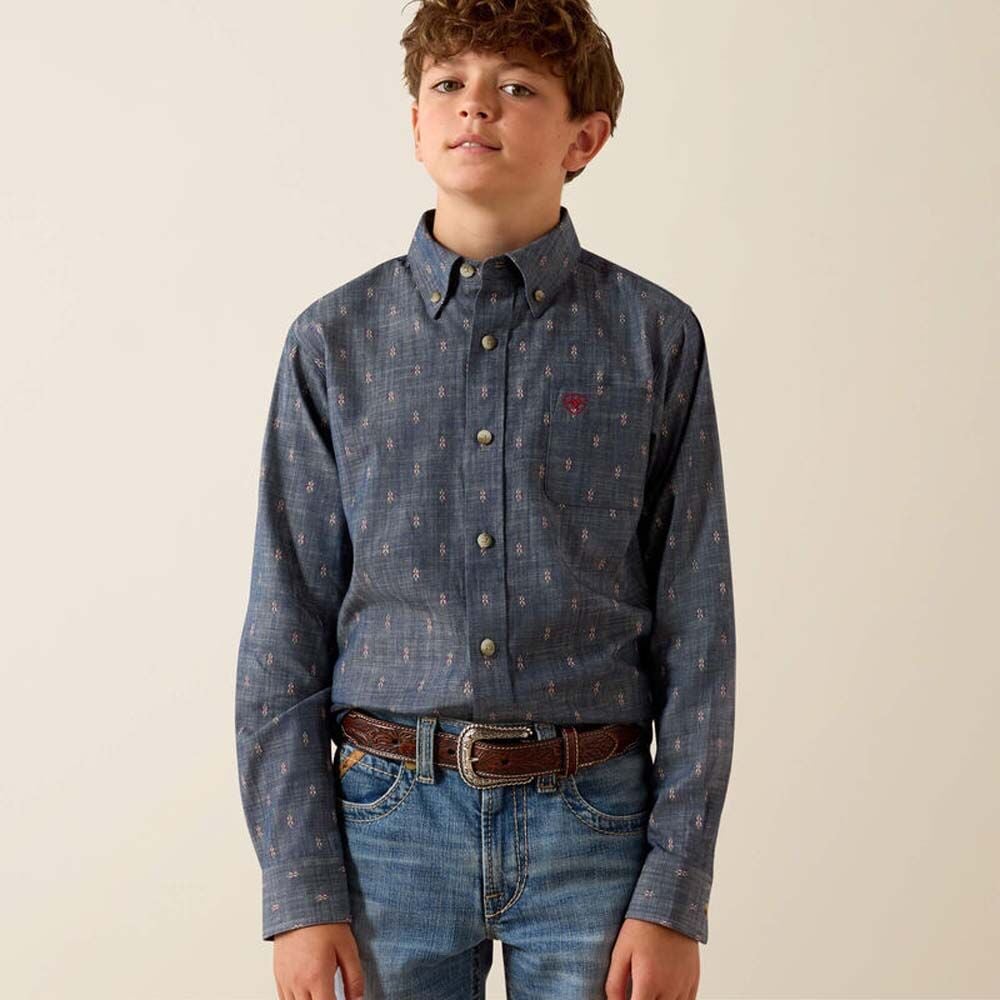 image of Boys' Button Down Long Sleeve Teague Shirt, Chambray Blue Medallion Print