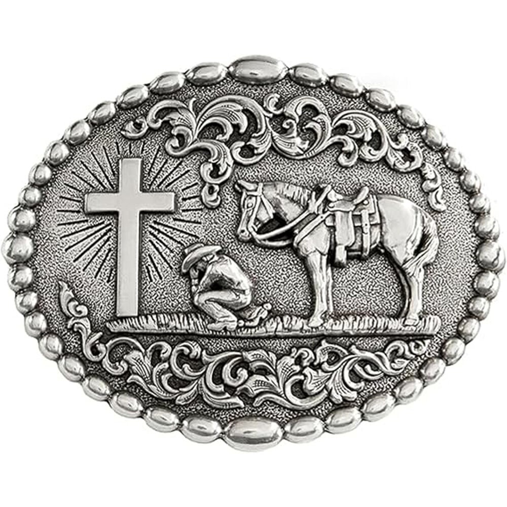 image of Men's Silver Oval Praying Cowboy Belt Buckle
