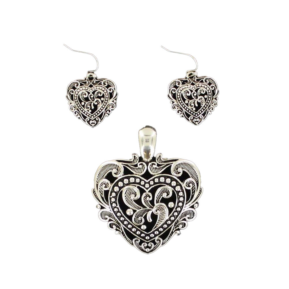 image of Filagree Heart Pendant and Earrings Set