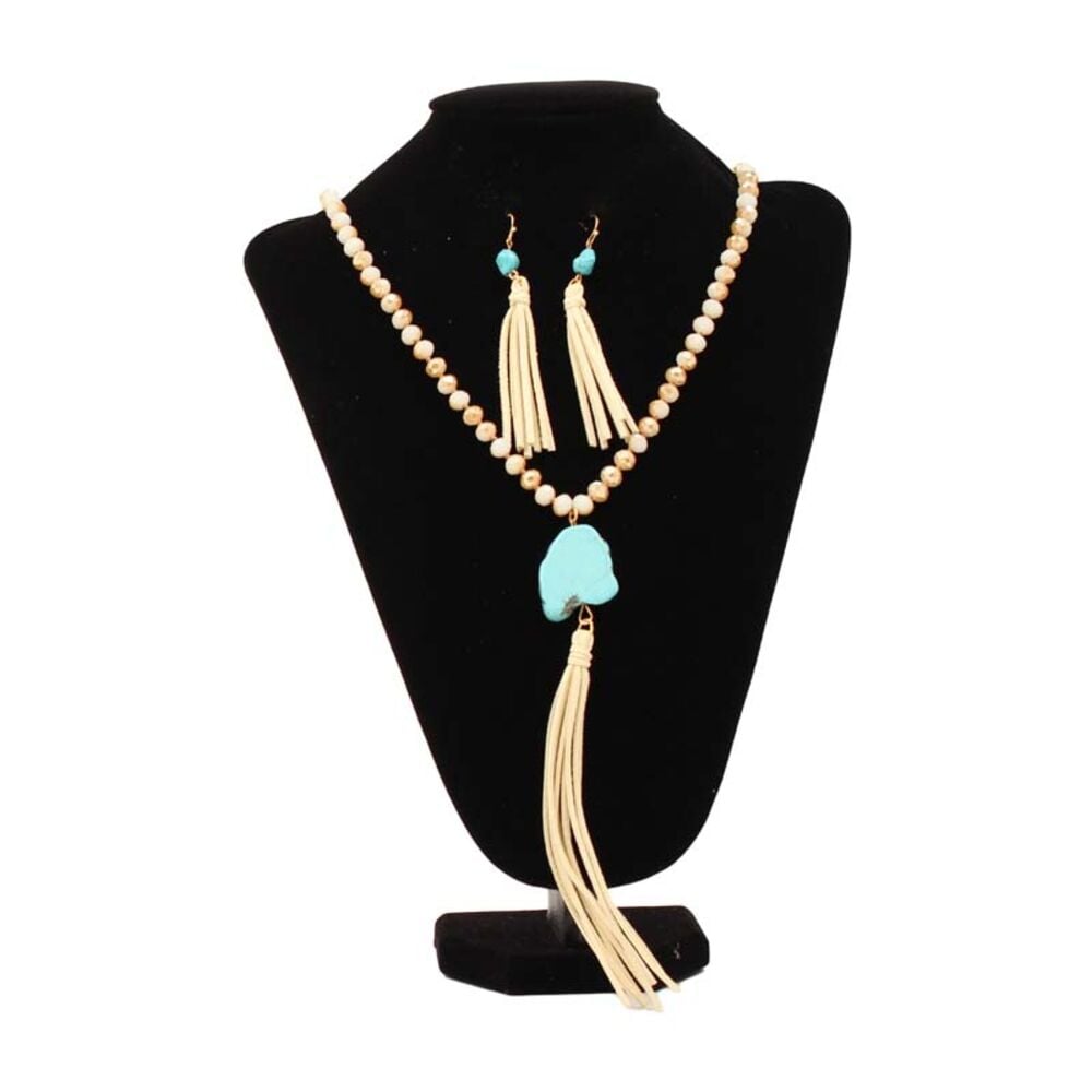 image of Beaded Turquoise Stone Fringe Jewelry Set