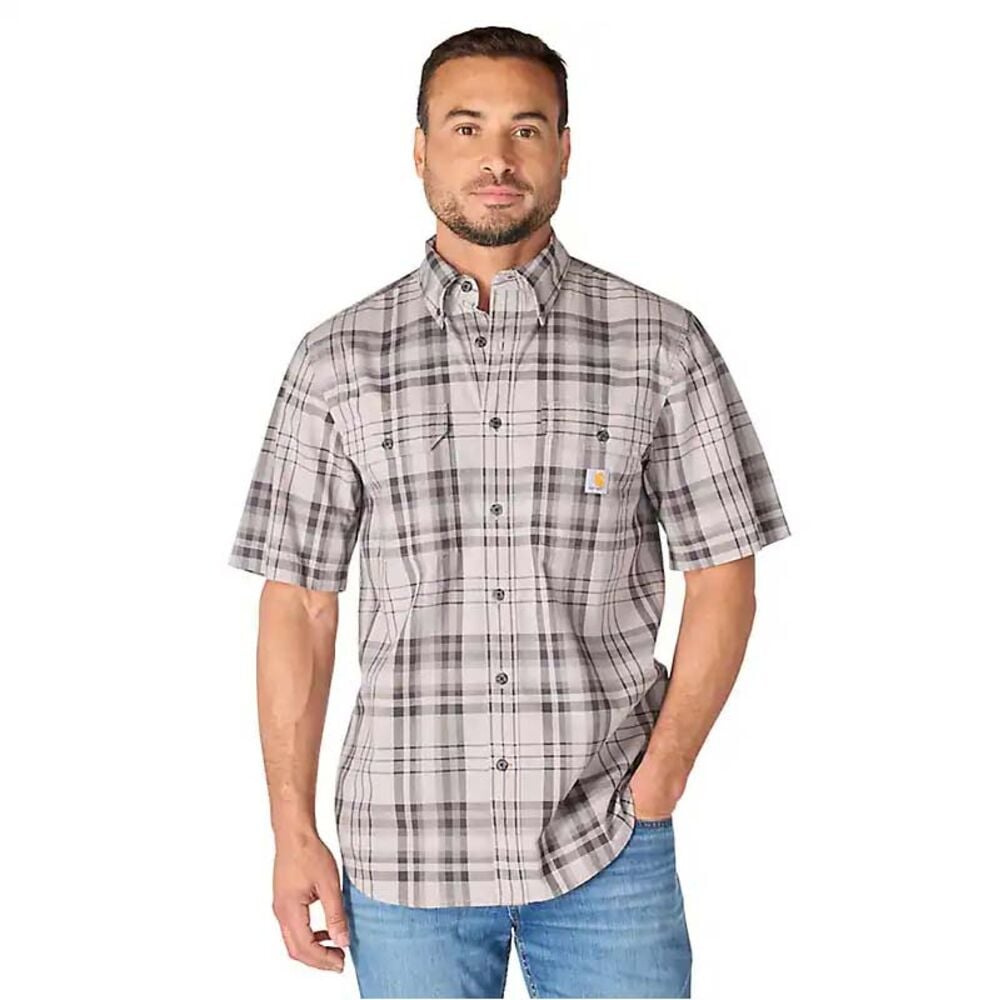 image of Men's Fort Loose Plaid Button Down Short Sleeve Shirt, Carhartt Gray