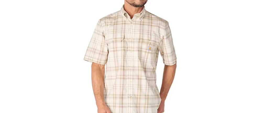 image of Men's Fort Loose Plaid Button Down Short Sleeve Shirt,  Eggshell