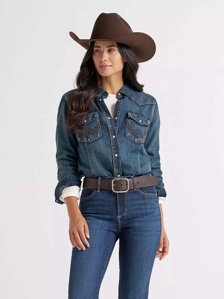 image of Women's Western Snap Button Long Sleeve Shirt, Denim