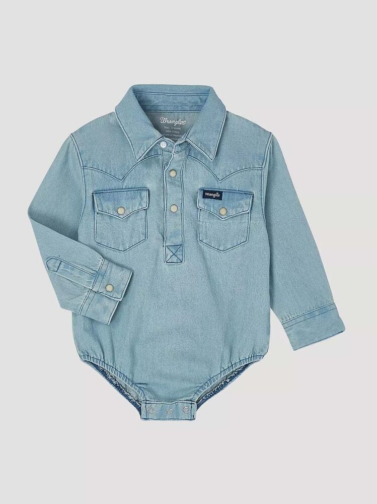 image of Boy's Long Sleeve Denim Western Snap Button Body Suit, Faded Blue