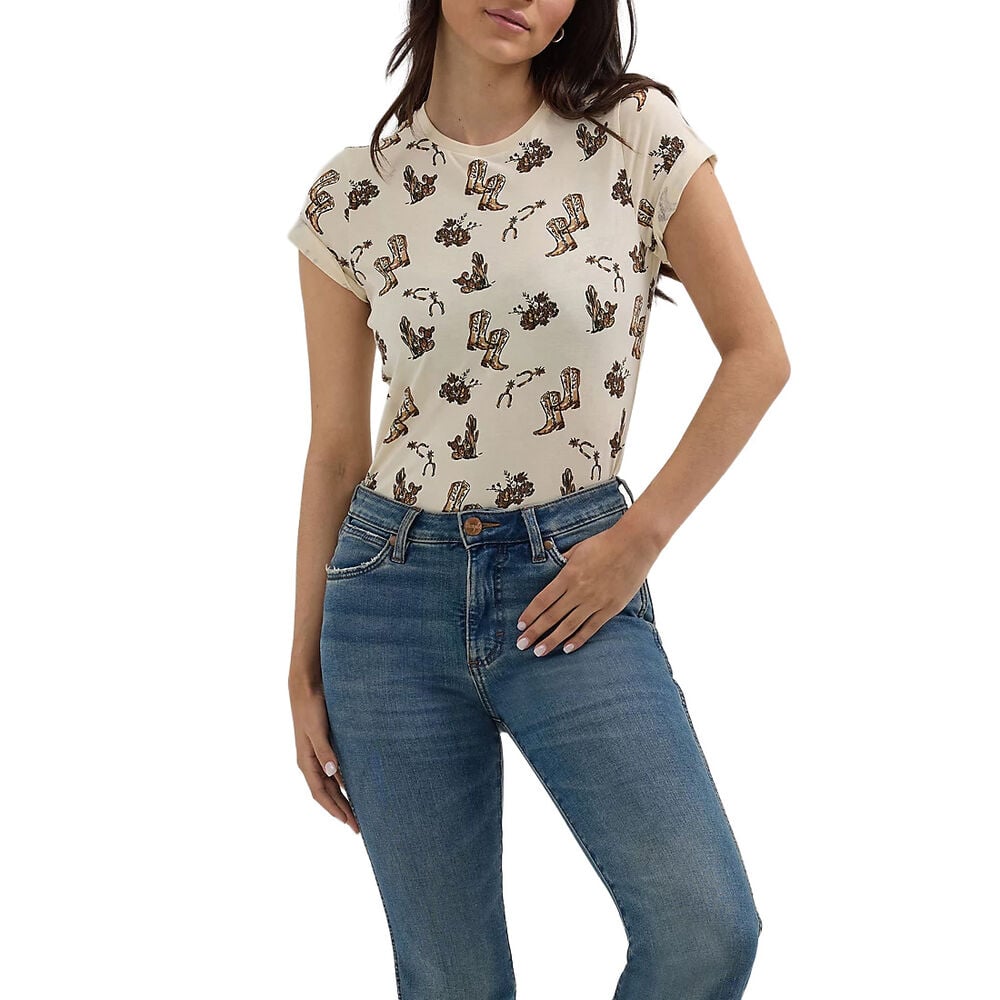 image of Women's JacQuard Allover Print Slim Tee- Cream