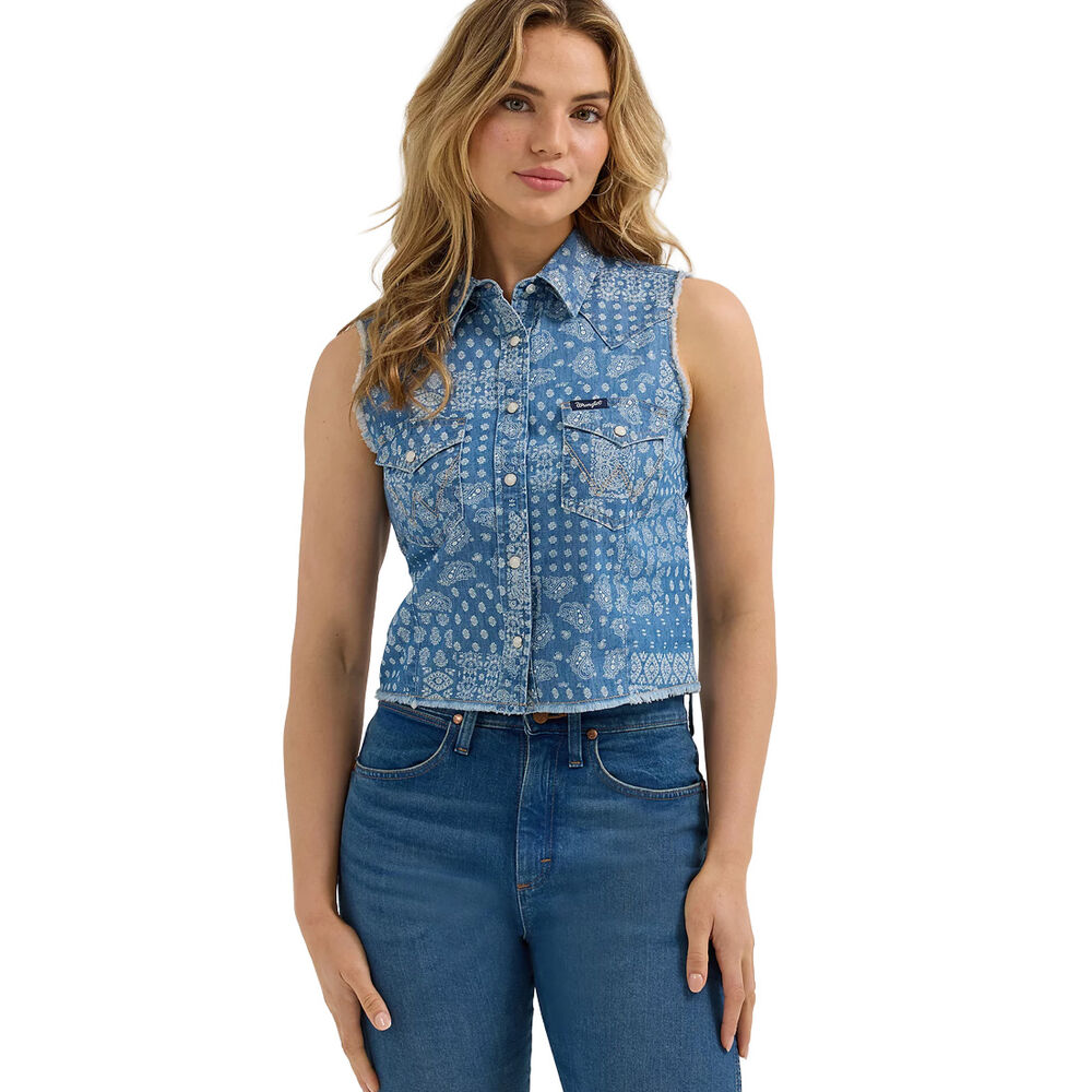 image of Women's Denim Crop Western Snap Tank- Light Wash