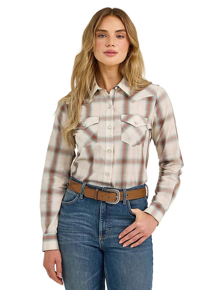 image of Women's Snap Button Long Sleeve Shirt, Creamy Plaid