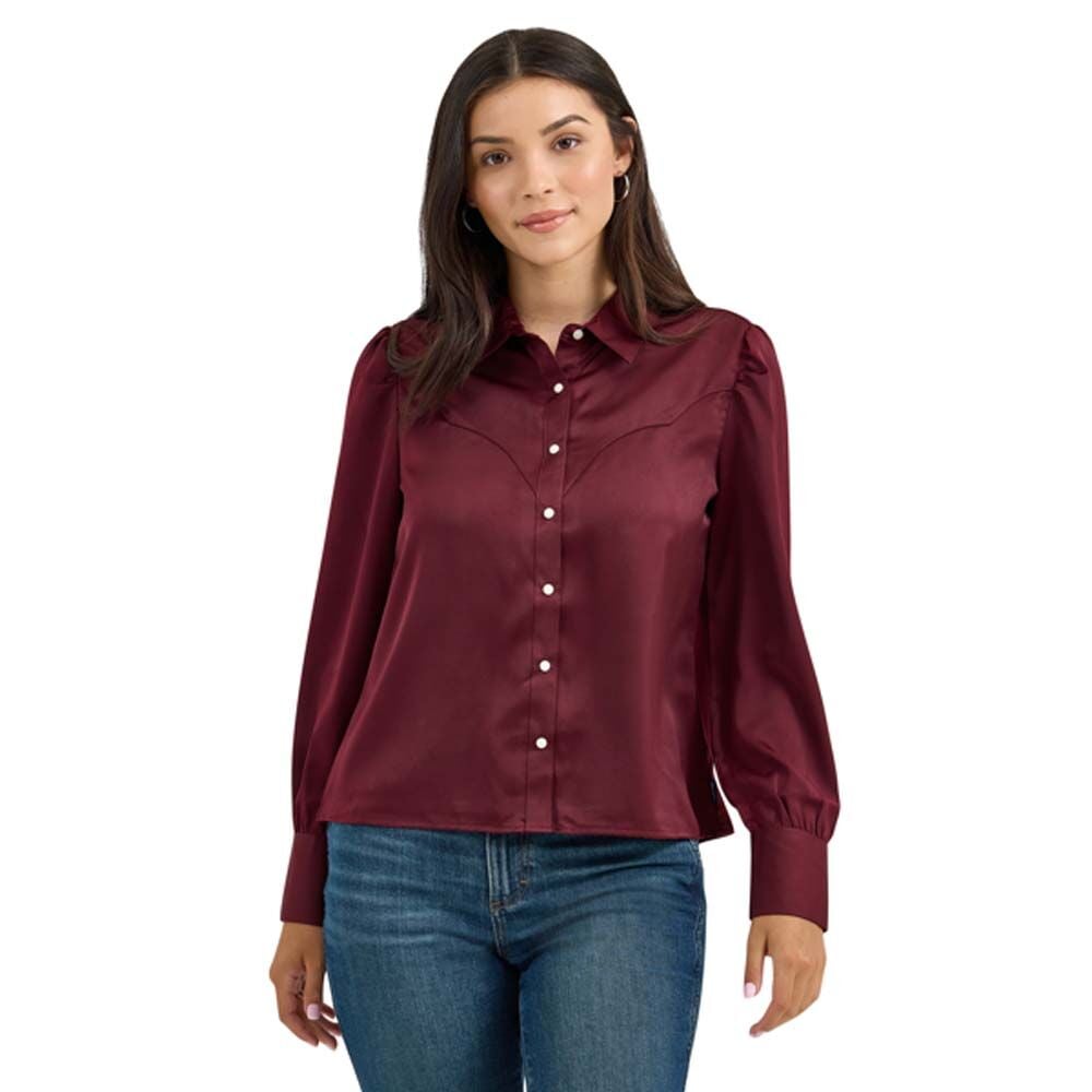 image of Women's Retro Vintrage Long Sleeve Snap Button Statin Blouse, Port