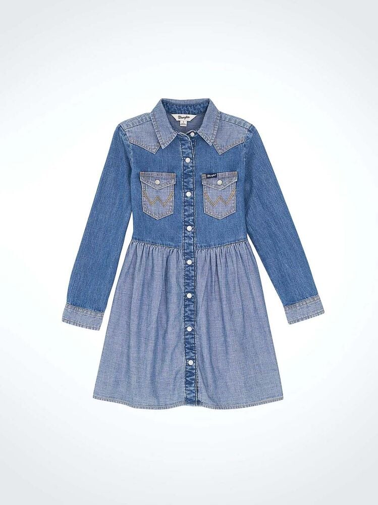 image of Girl's Long Sleeve Snap Button Dress, Denim