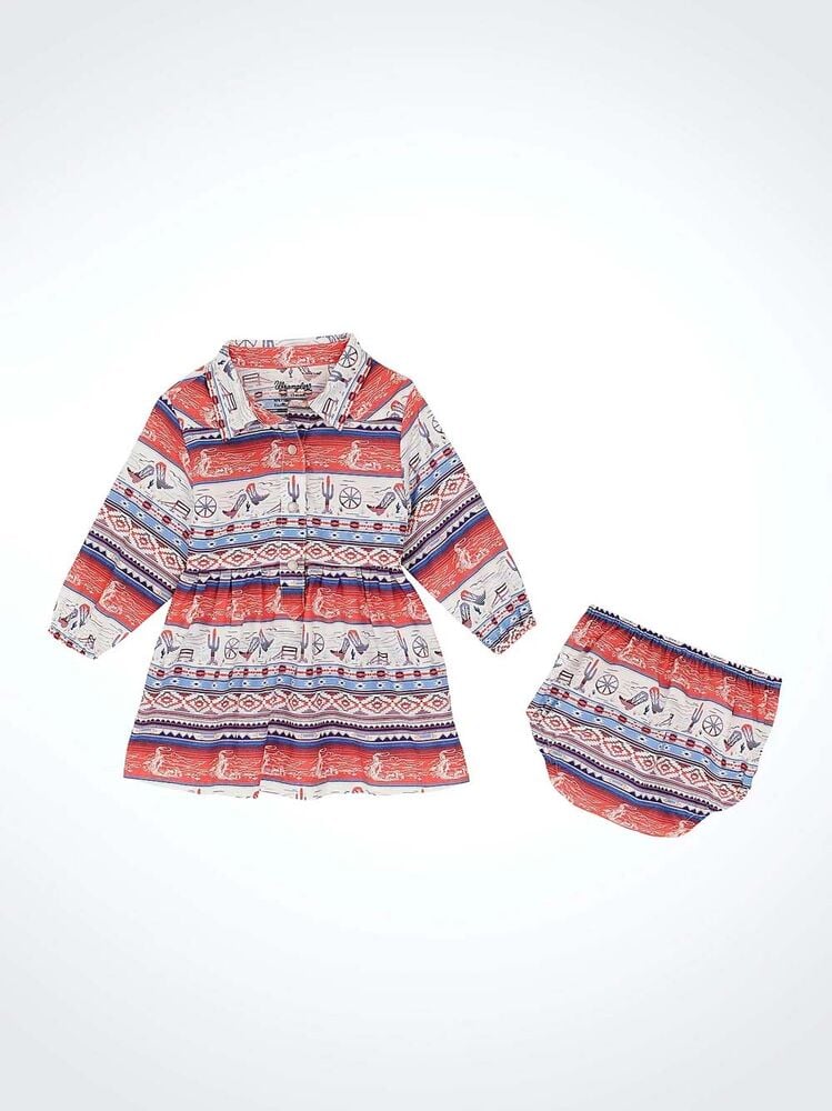 image of Girl's Long Sleeve Snap Button Dress and Bloomers, Pink Multi