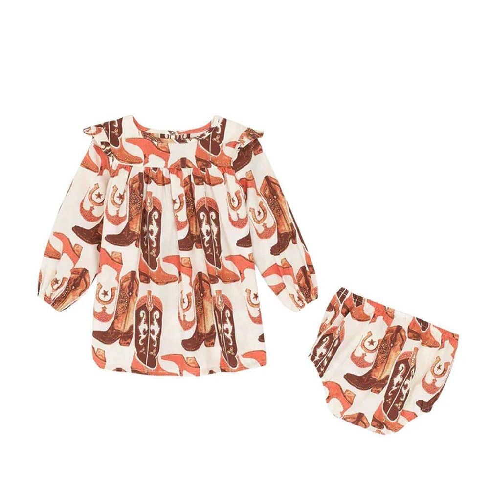 image of Girl's Long Sleeve Dress and Bloomers, White Multi