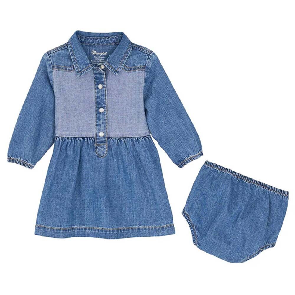 image of Girl's Long Sleeve Snap Button Dress and Bloomers, Denim