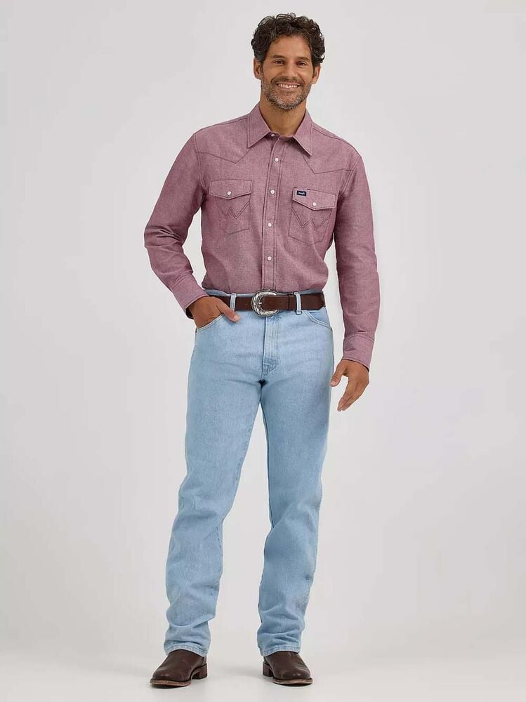 image of Men's Cowboy Cut Long Sleeve Snap Button Work Shirt, Chambray Wine