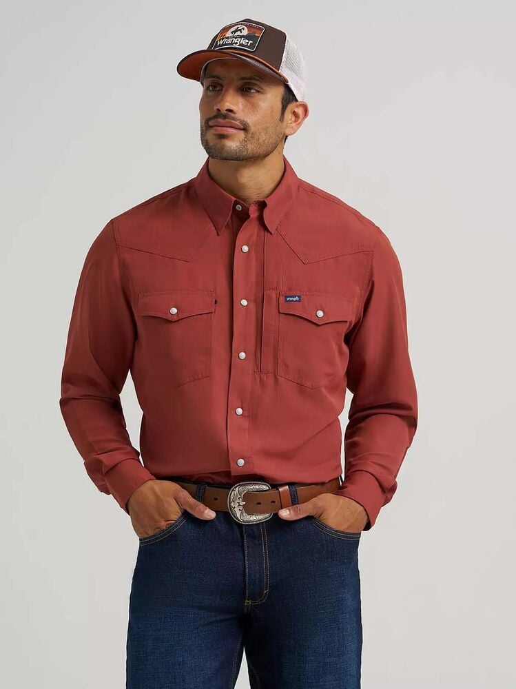 image of Men's Performance Snap Button Long Sleeve Shirt, Rust