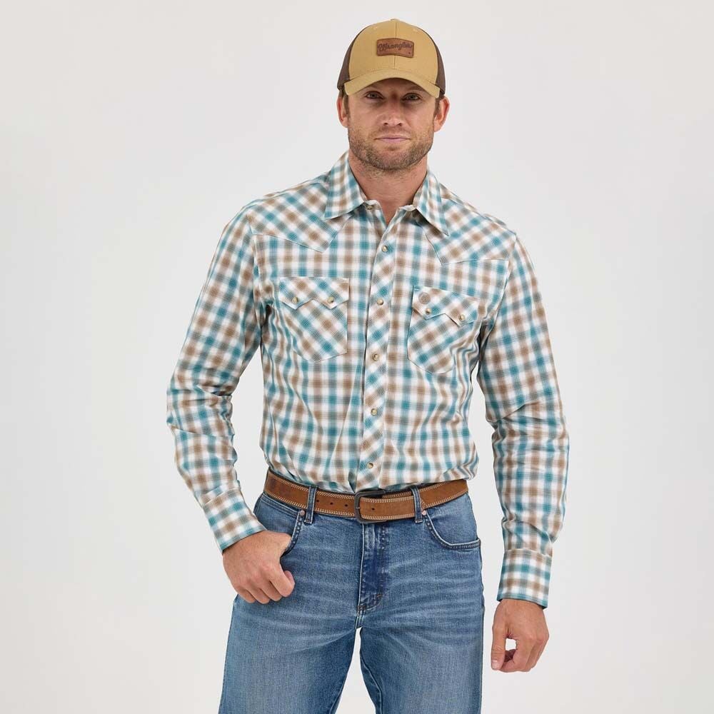 image of Men's Retro Plaid Snap Button Long Sleeve, Turquiose and Wine