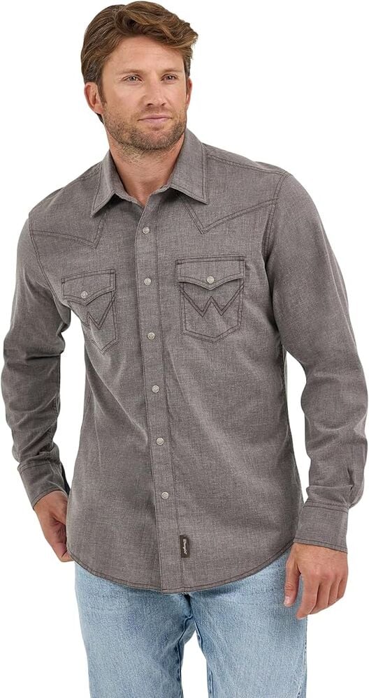 image of Men's Retro Premium Snap Button Long Sleeve Shirt, Heather Brown
