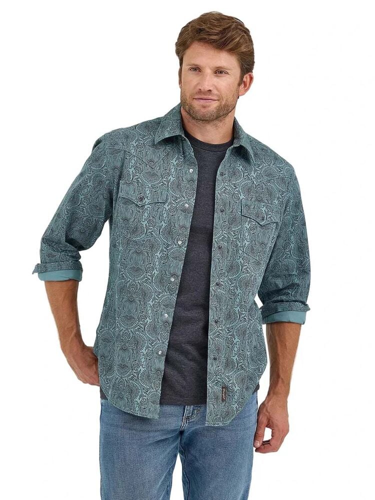 image of Men's Retro Premium Snap Button Long Sleeve Shirt, Pine and Black