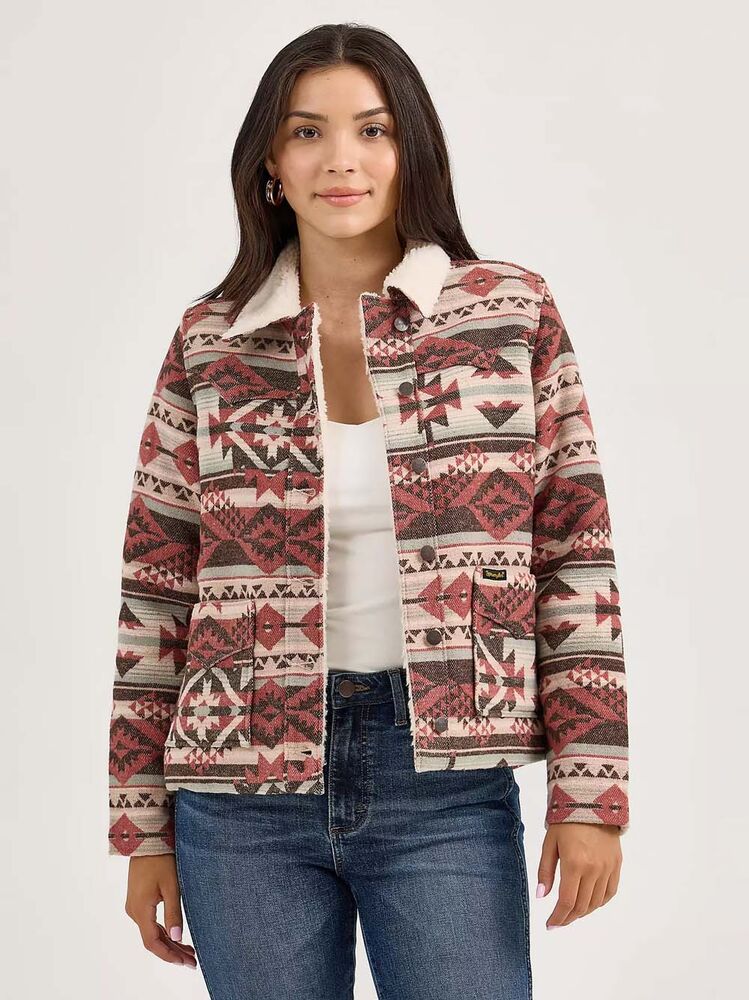 image of Women's Sherpa Lined Jacquard Barn Jacket, Burgundy