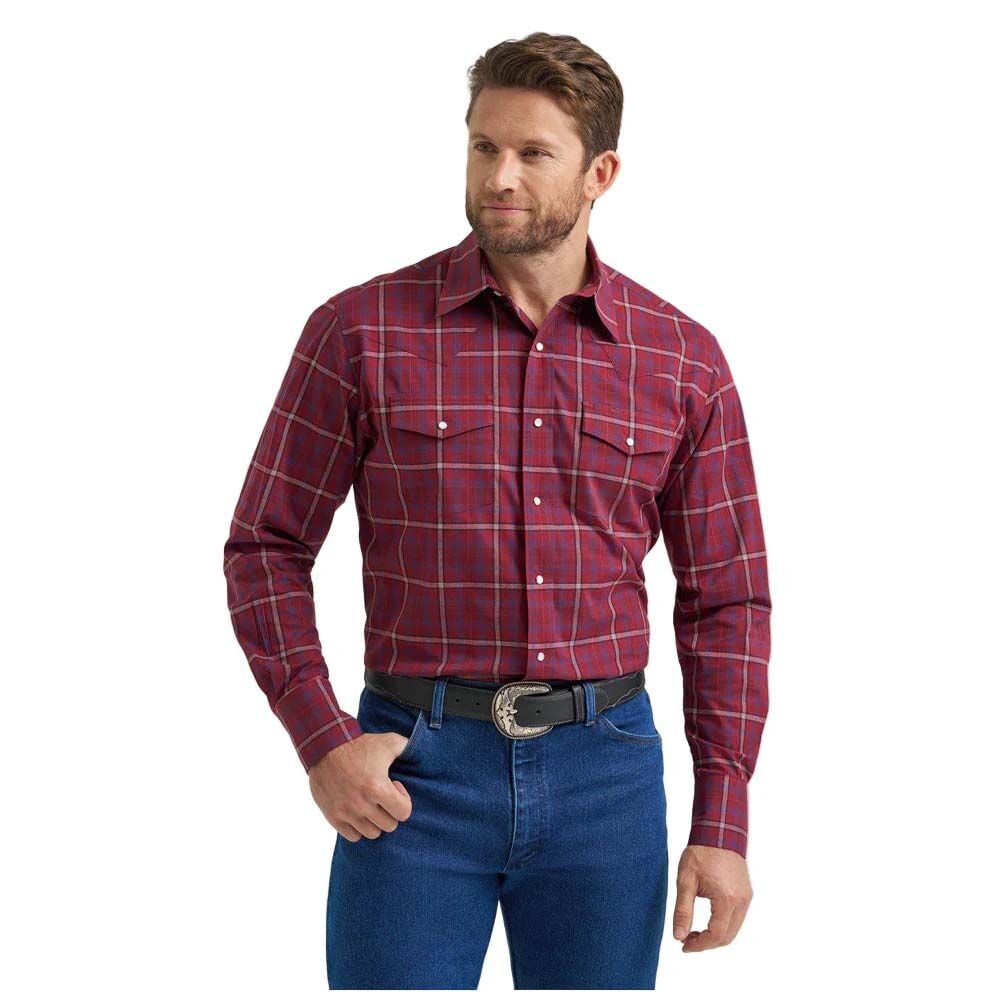 image of Men's Wrinkle Resist Snap Button Long Sleeve Shirt, Burgundy