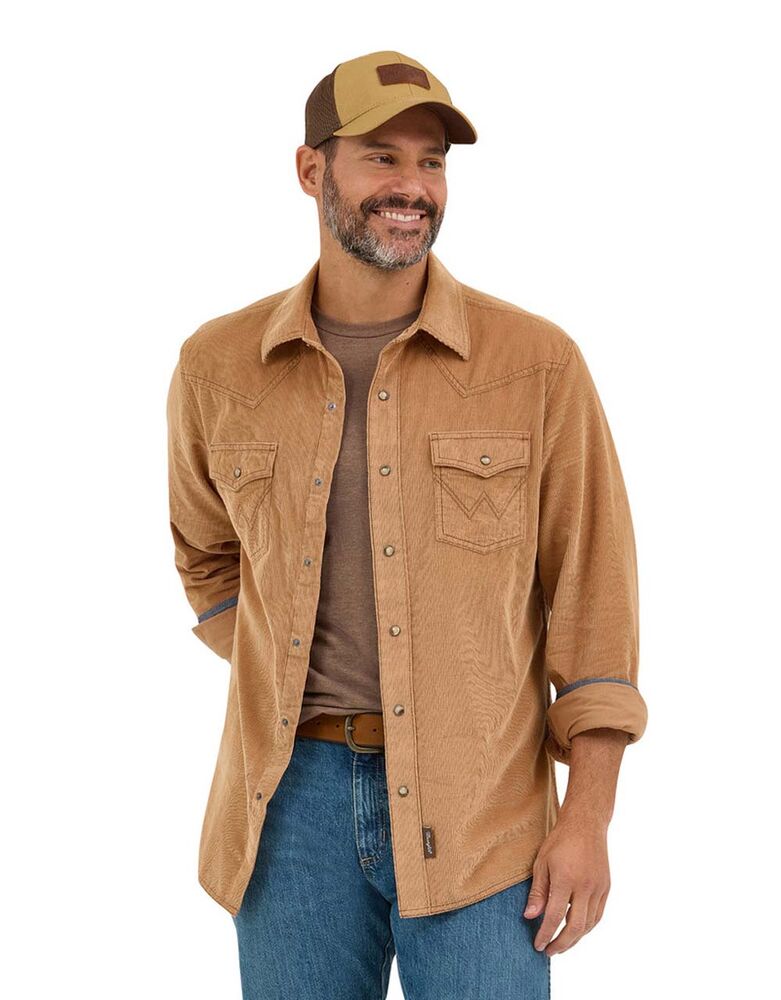 image of Men's Retro Snap Button Long Sleeve Shirt, Tan