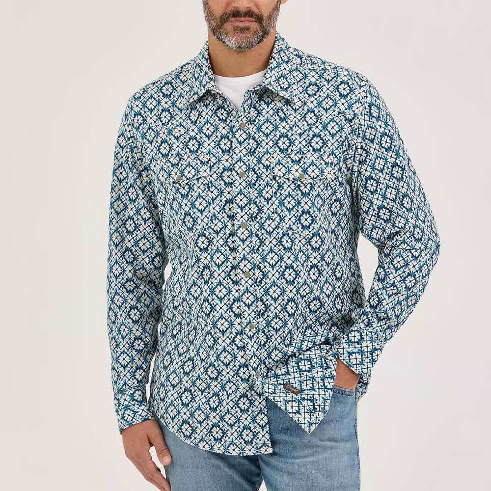 image of Men's Retro Snap Button Long Sleeve Shirt, Ecru and Navy