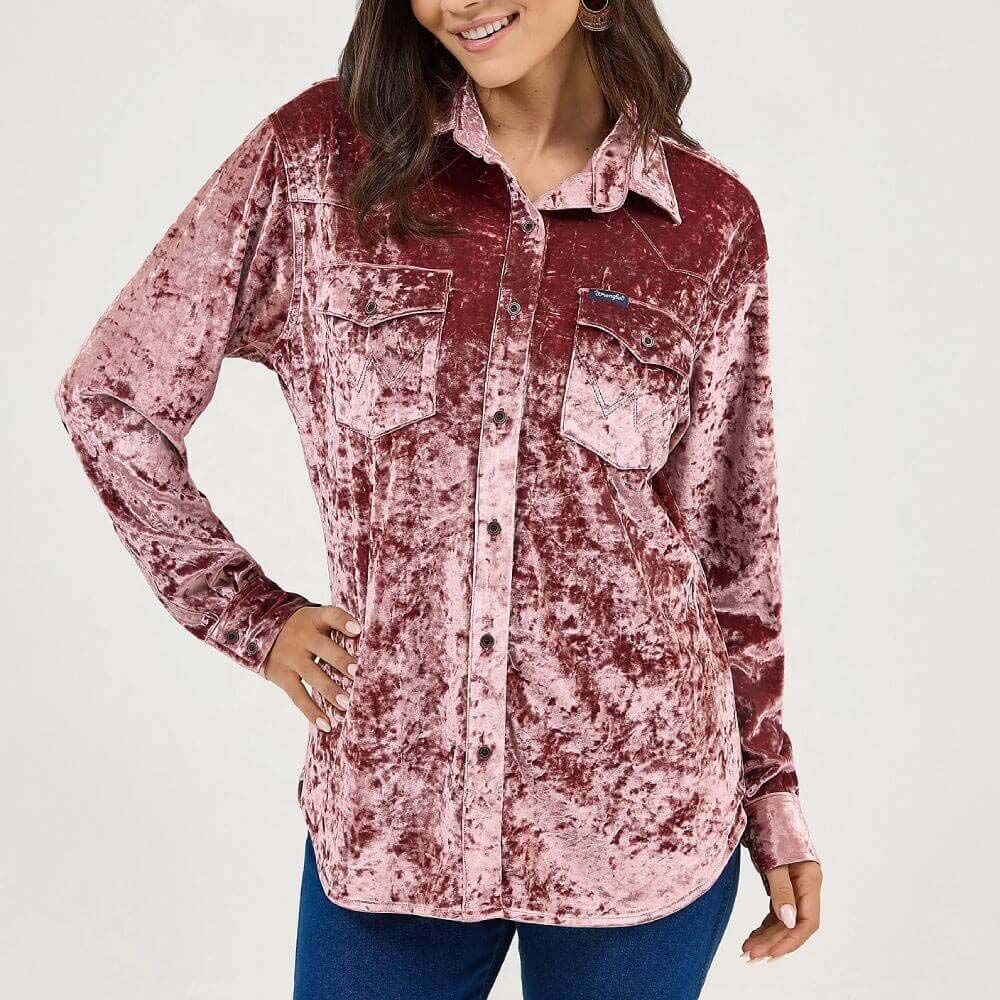 image of Women's Button Down Long Sleeve Velvet Blouse, Wine