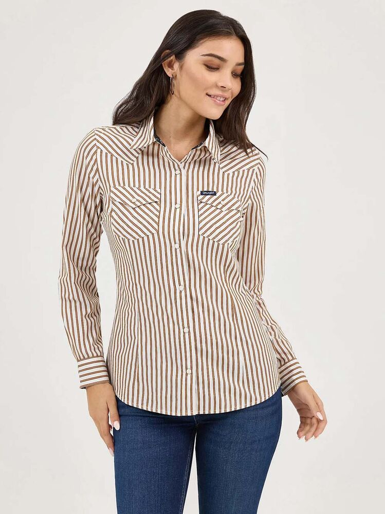 image of Women's Retro Snap Button Long Sleeve Shirt, Brown