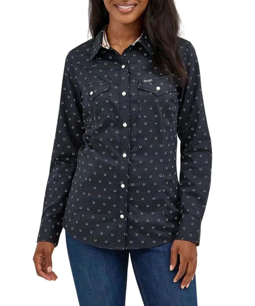 image of Women's Retro Snap Button Long Sleeve Shirt, Black