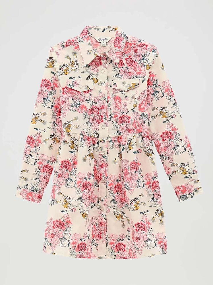 image of Girl's Long Sleeve Snap Button Dress, White