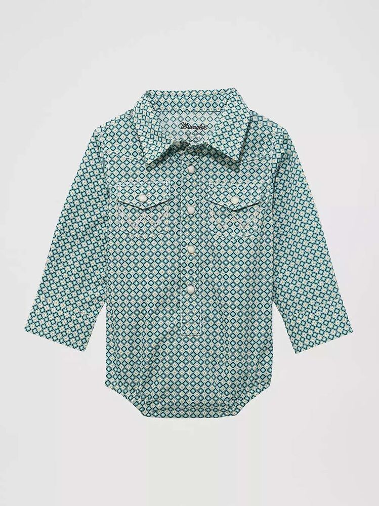 image of Boy's Long Sleeve Western Snap Button Bodysuit, Turquiose Diamond