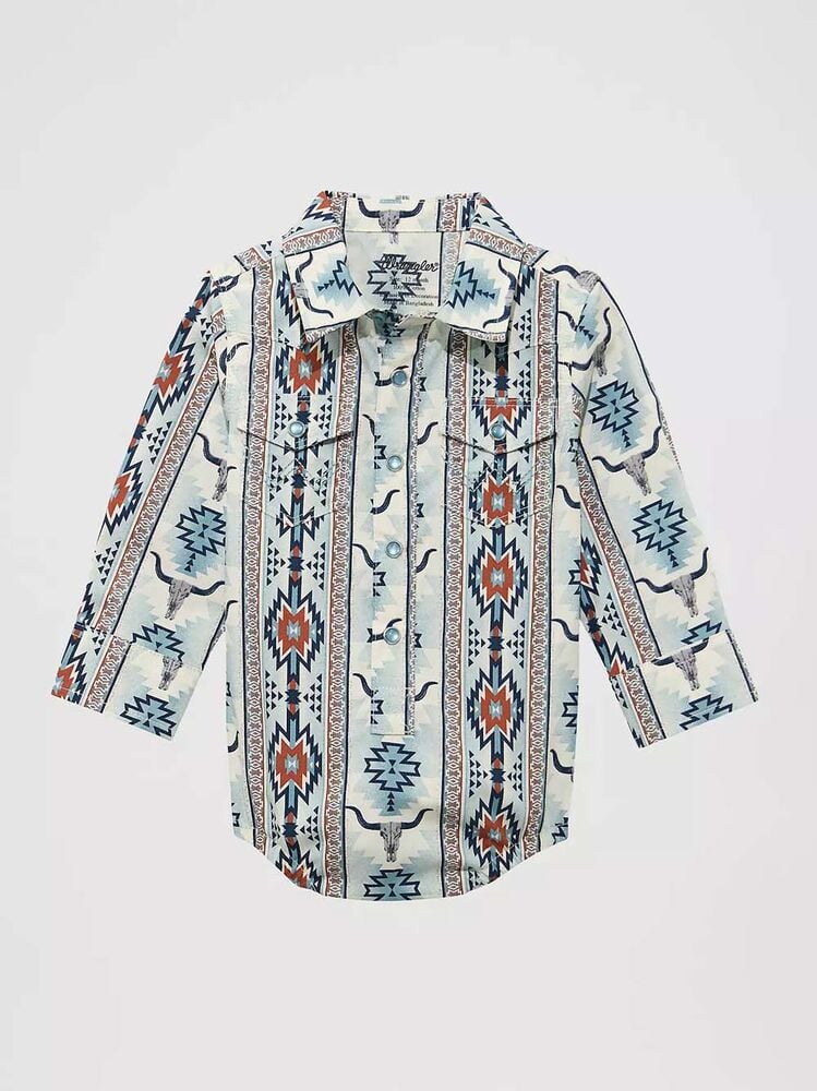 image of Boy's Long Sleeve Checotah  Western Snap Button Bodysuit, Gray Steerhead