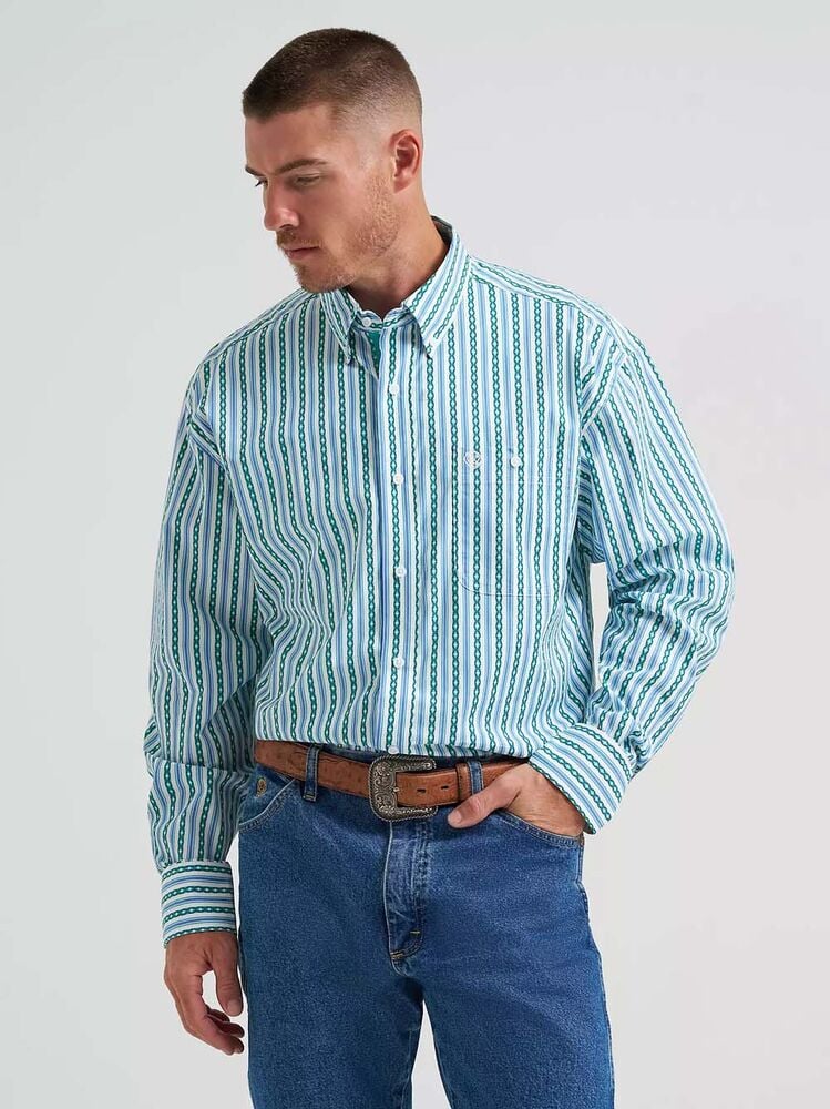 image of Men's George Strait Button Down Long Sleeve Shirt, Aqua Chain Stripe