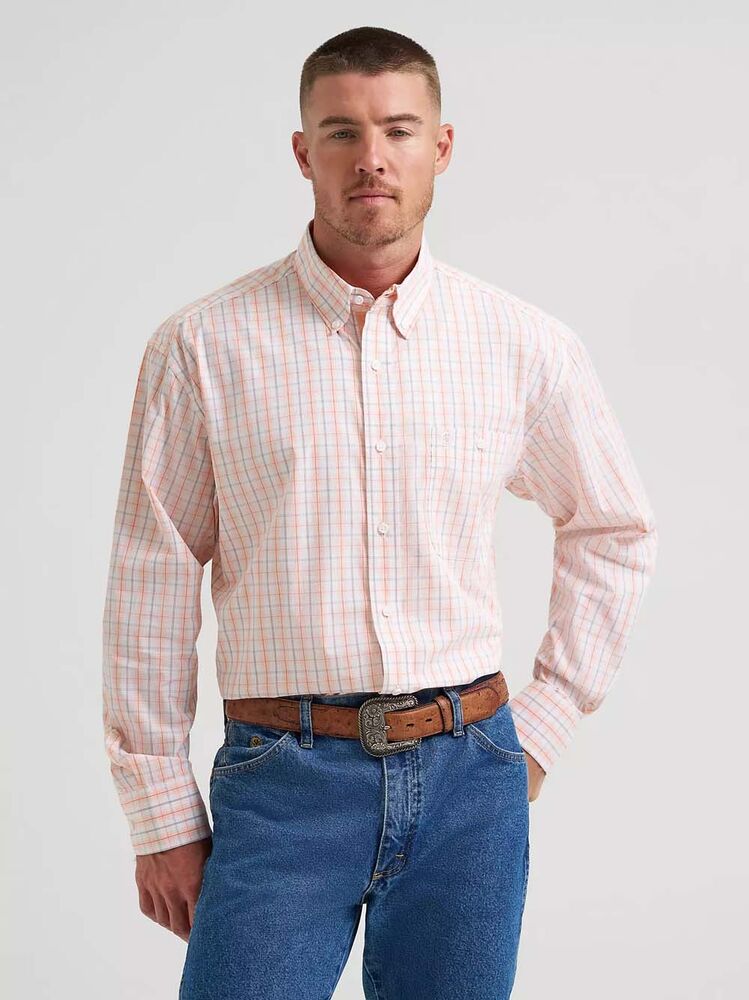 image of Men's George Strait Button Down Long Sleeve Shirt, Peachy Plaid