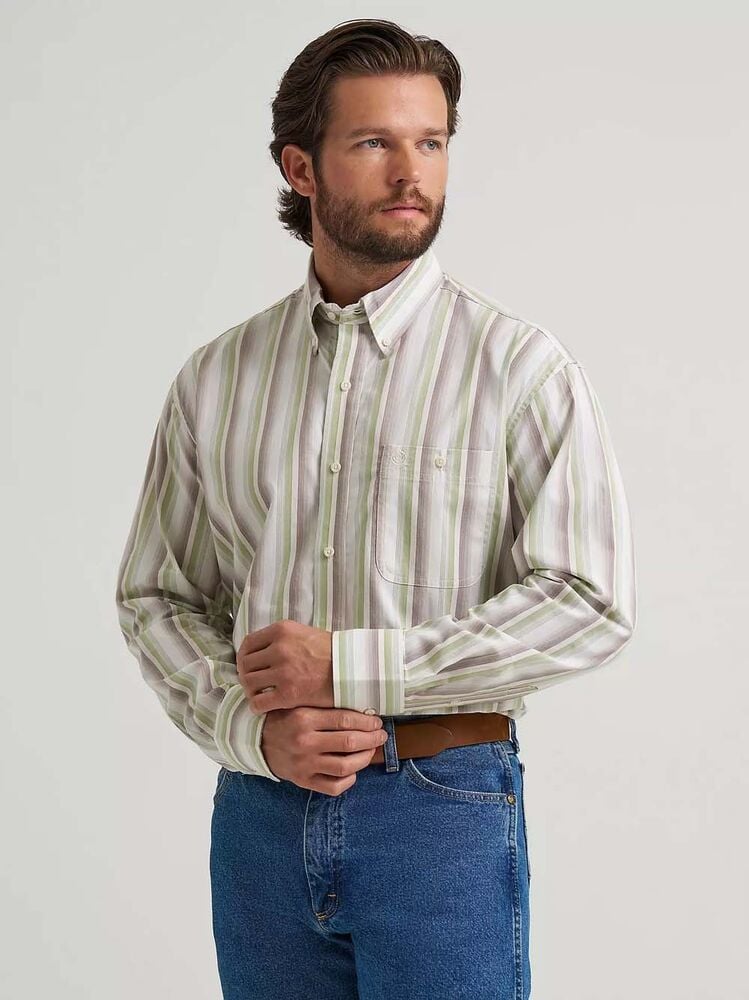 image of Men's George Strait Button Down Long Sleeve Shirt, Apple Green Stripe