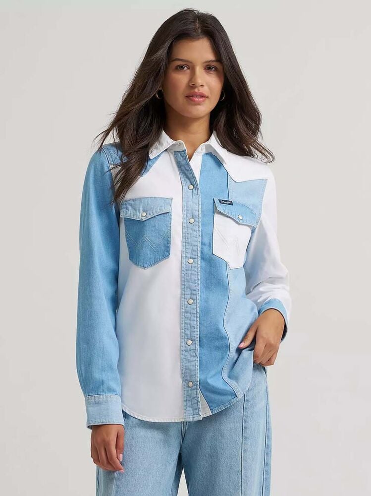 image of Women's Vintage Fit Snap Button Long Sleeve Shirt, Denim